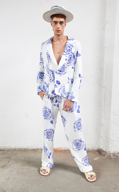 Blazer Rosas Azuis em Viscose Ecovero: Alfaiataria Sustentável