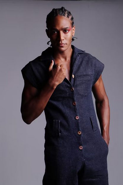 Macacão Jeans Índigo Unissex - Pernas Largas e Sem Manga. TA Studios