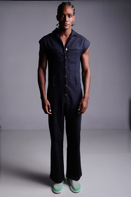 Macacão Jeans Índigo Unissex - Pernas Largas e Sem Manga. TA Studios