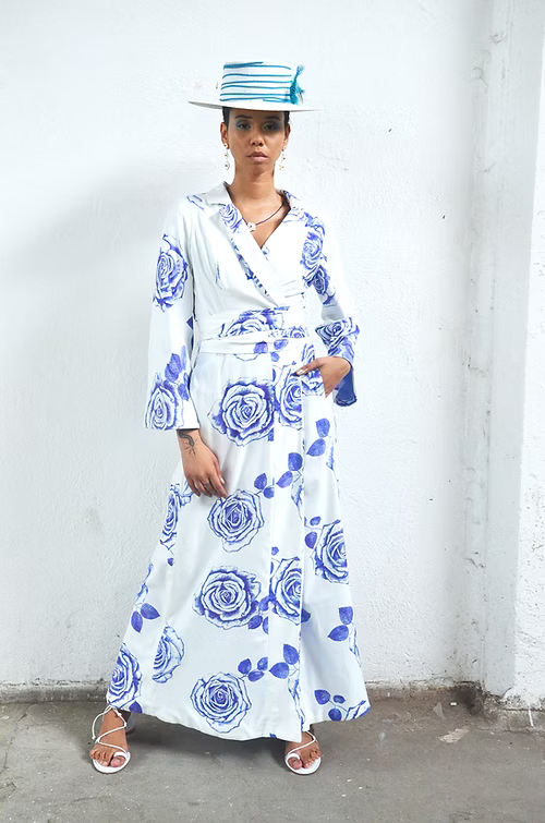 Trench Coat Rosas Azuis em Viscose Ecovero, TA Studios