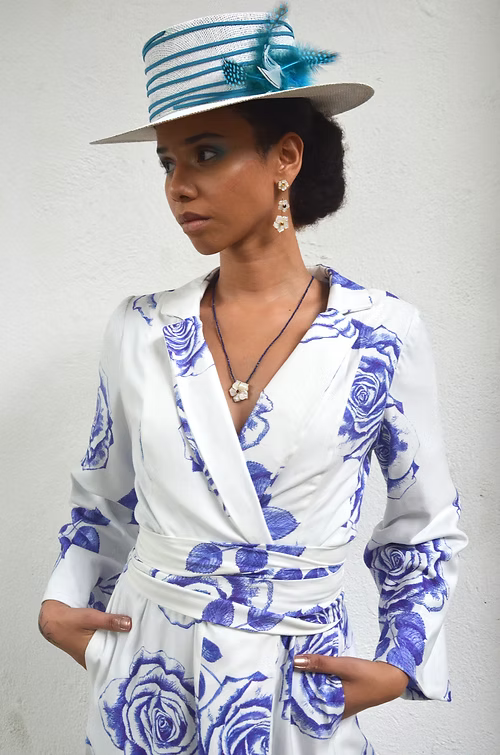 Trench Coat Rosas Azuis em Viscose Ecovero, TA Studios