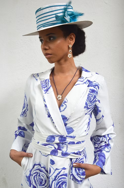 Trench Coat Rosas Azuis em Viscose Ecovero, TA Studios